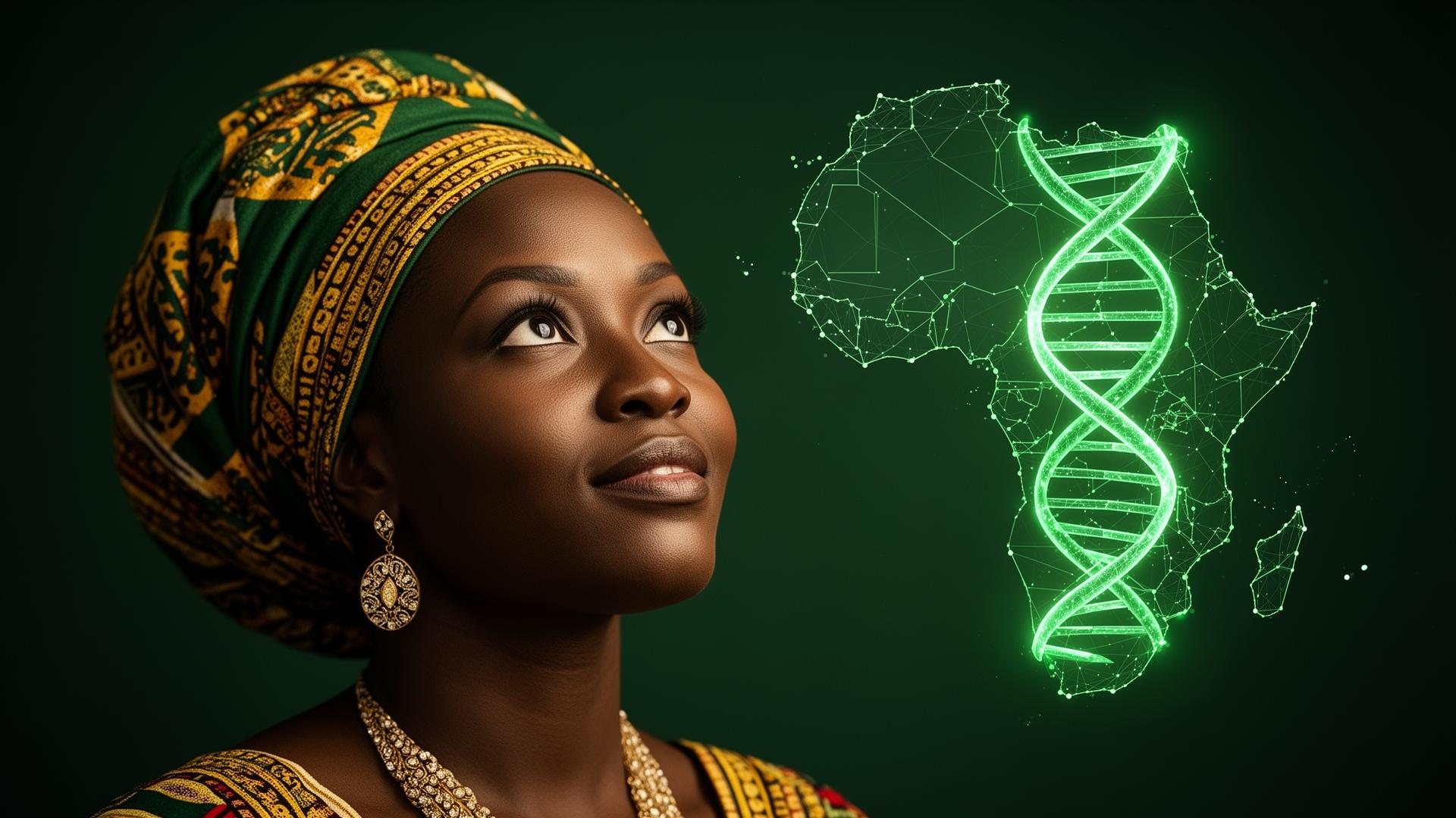 Portrait with DNA helix and map of Africa